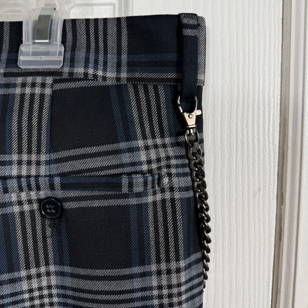 Mens 36 Plaid Chain Trousers Navy Gray Punk Goth Dark Academia Y2K Pants 36x29